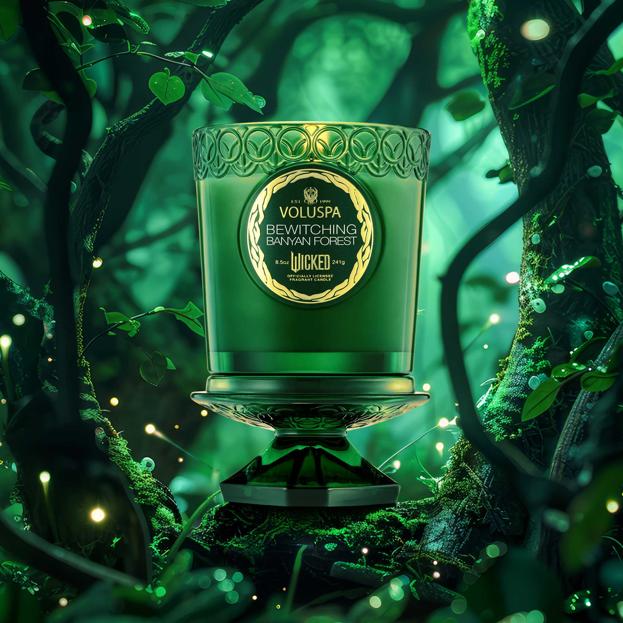 Green candle with decorative label in a forest setting