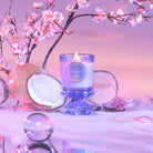 Candle with coconut and cherry blossoms on a soft background
