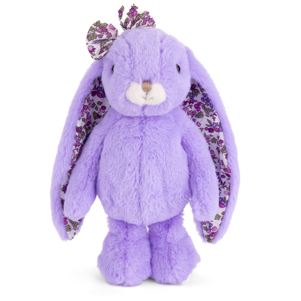 Purple plush bunny with floral ears on a white background