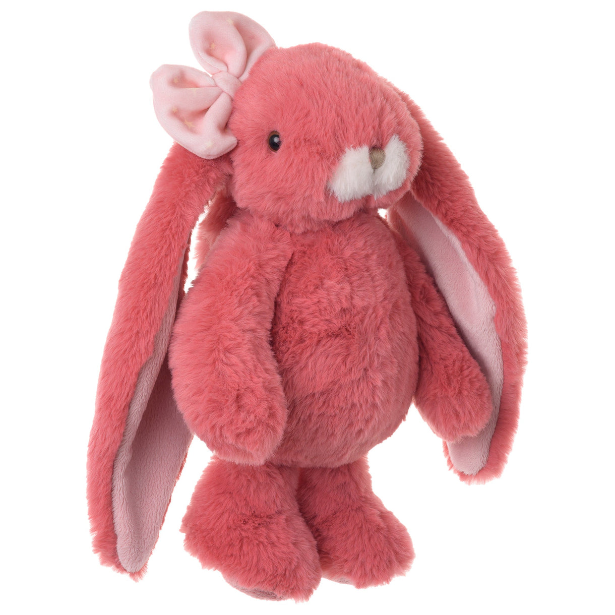 Pink plush bunny toy with a bow on a white background