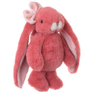 Pink plush bunny toy with a bow on a white background