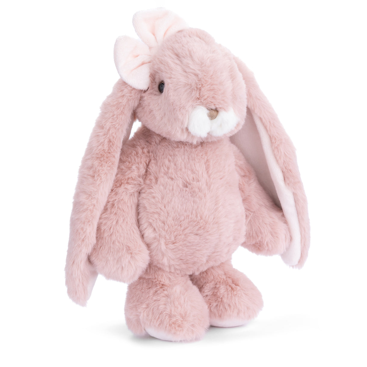 Plush bunny toy with pink fur on a white background