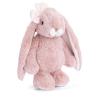Plush bunny toy with pink fur on a white background