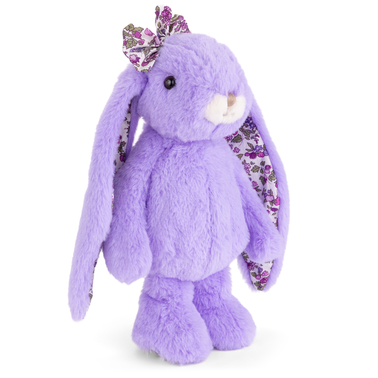 Purple plush bunny with floral accents on a white background