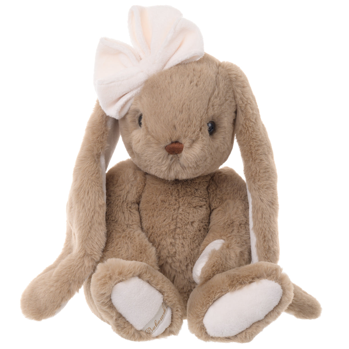 Plush bunny toy with a white bow on a white background