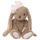 Plush bunny toy with a white bow on a white background