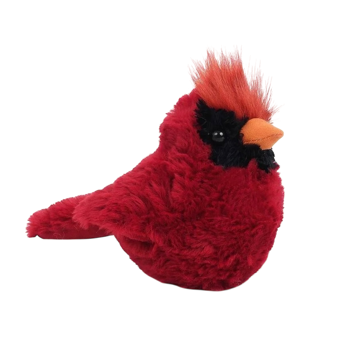 Plush red cardinal bird toy on a white background