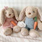 Two plush bunny toys sitting with a flower and carrots. One toy is wearing a pink dress and the other is wearing blue overalls.