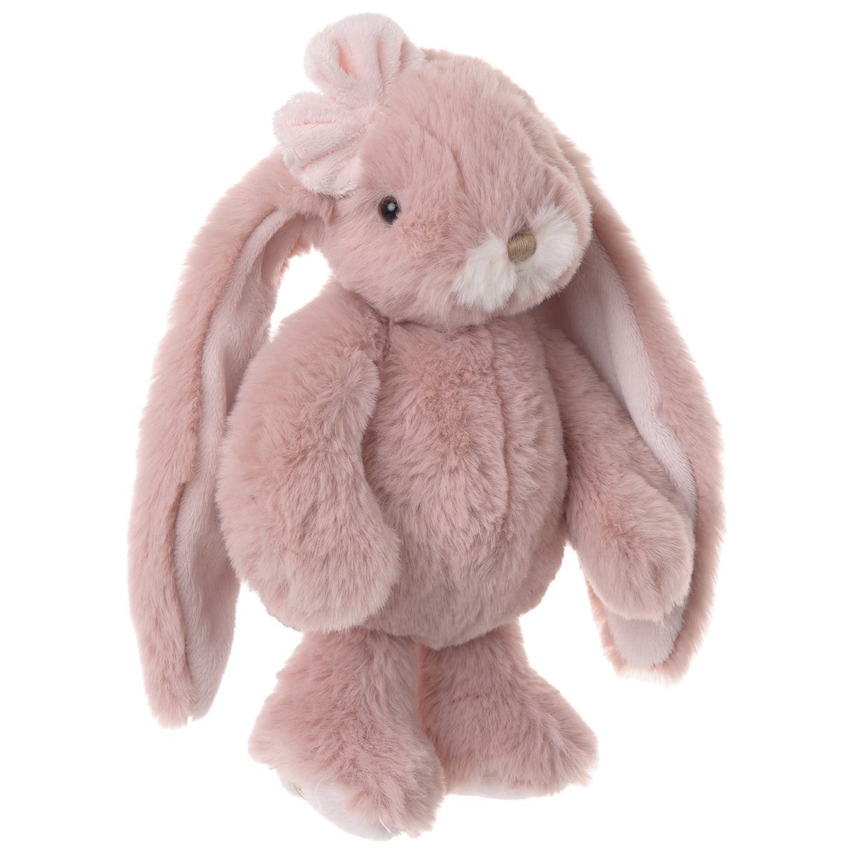 Plush pink bunny toy with a bow on a white background