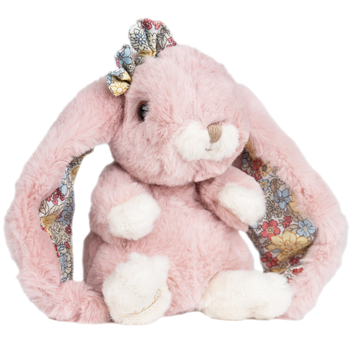 Pink plush bunny with floral ears on a white background