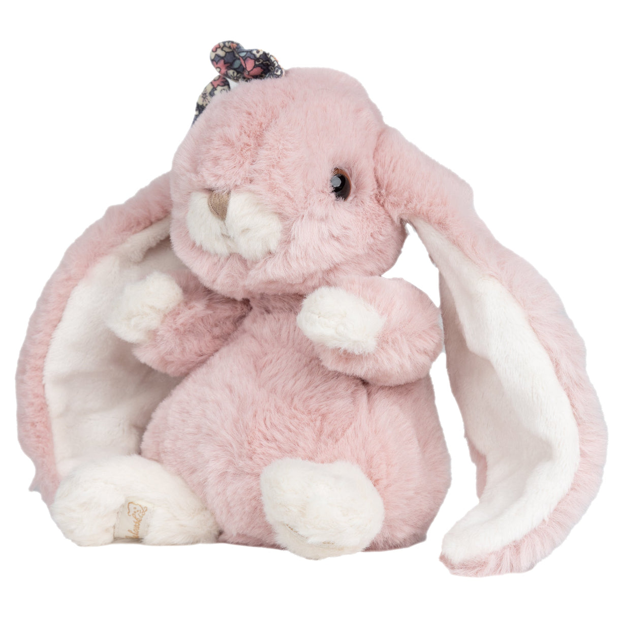 Pink plush bunny toy with a bow on a white background