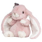 Pink plush bunny toy with a bow on a white background