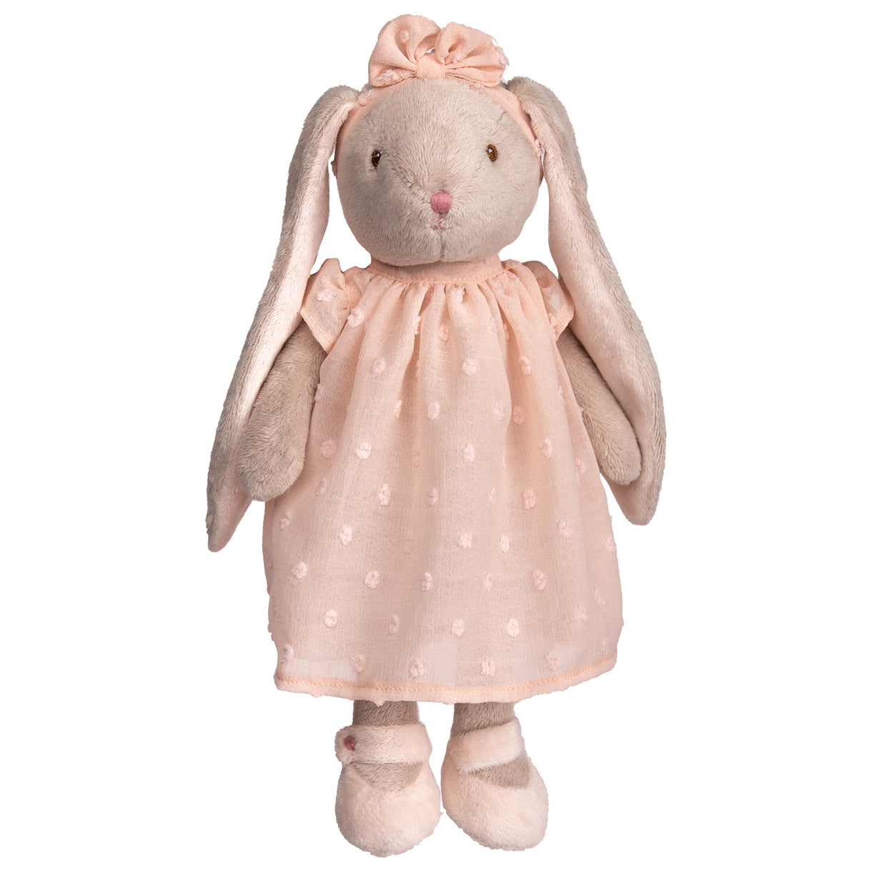 Stuffed bunny toy with a pink dress on a white background