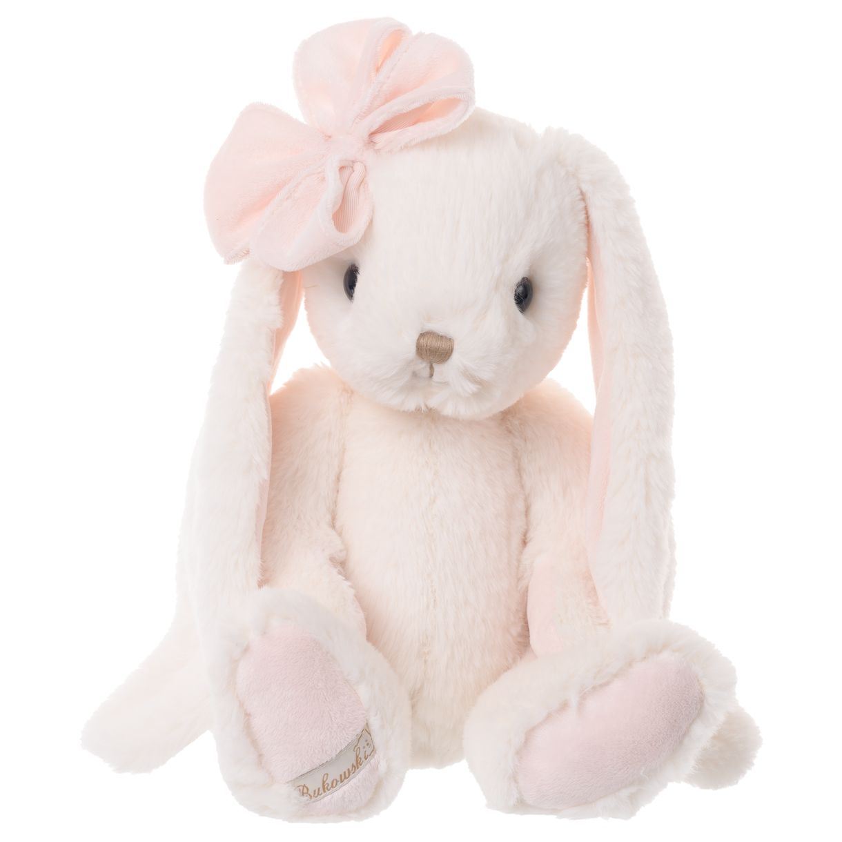 Plush bunny toy with a pink bow on a white background