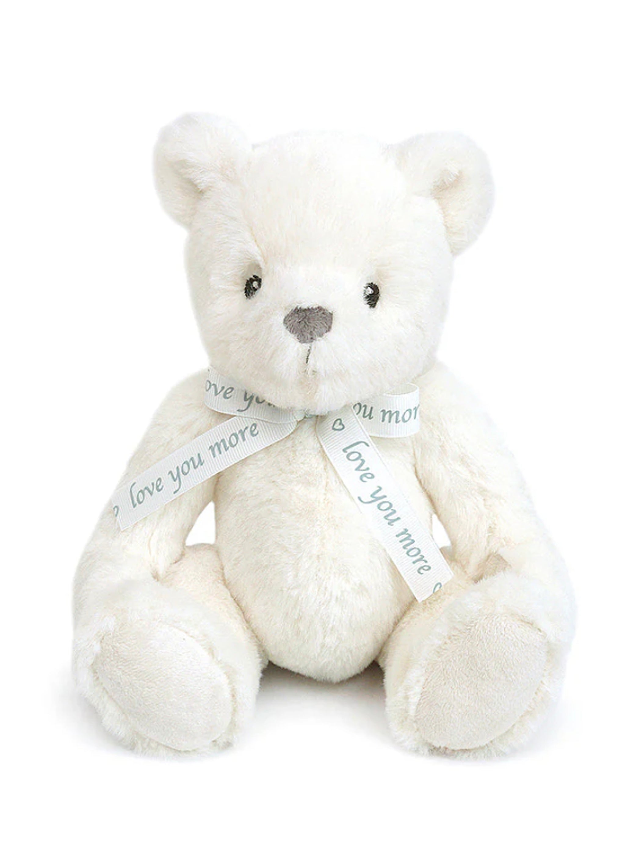 White teddy bear with a ribbon saying 'I love you more' on a white background