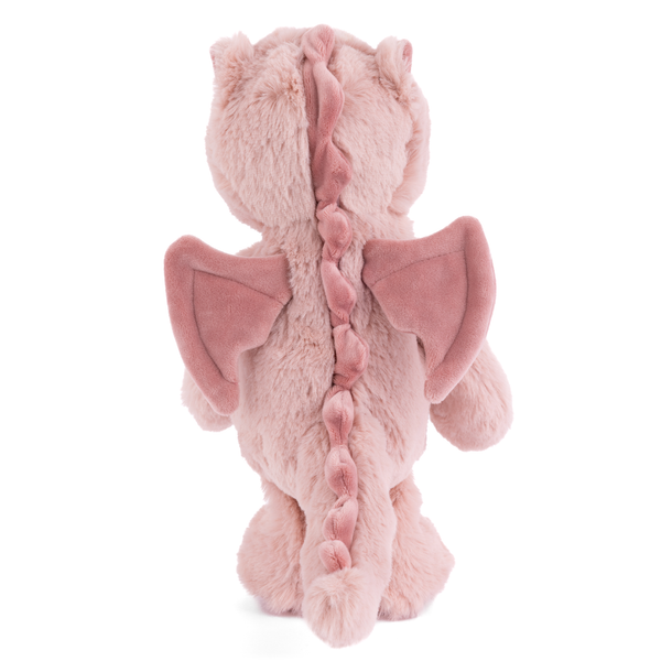 Pink plush dragon toy on a white background. Back view
