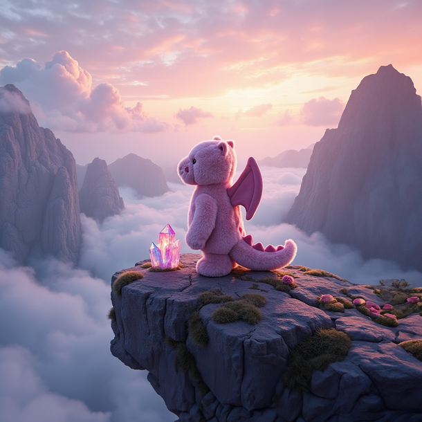 Pink dragon toy sitting on a cliff overlooking a cloud-covered landscape with a sunset sky.