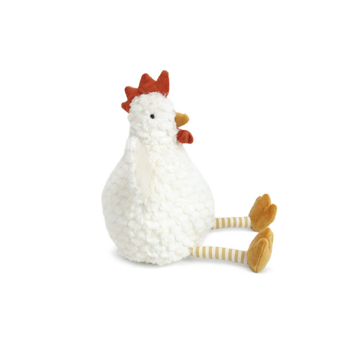Knitted chicken toy on a white background