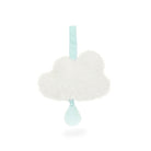 Cloud-shaped plush toy with blue ribbon and raindrop.