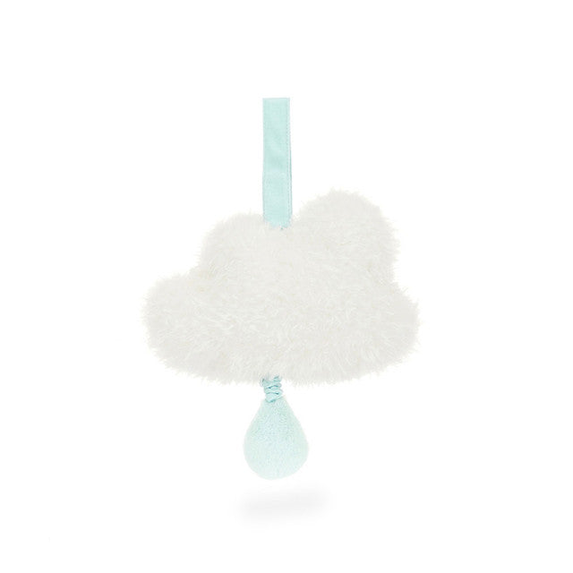 Cloud-shaped plush toy with blue ribbon and raindrop.