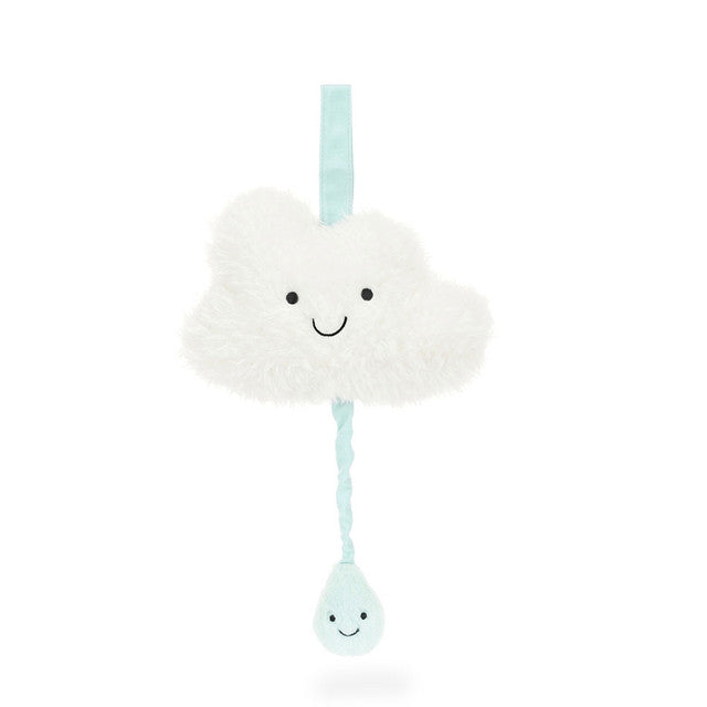 Stuffed white cloud and blue raindrop mobile.