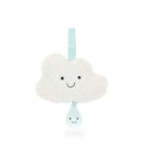 White fluffy cloud plush toy with a light blue loop and raindrop attachment.