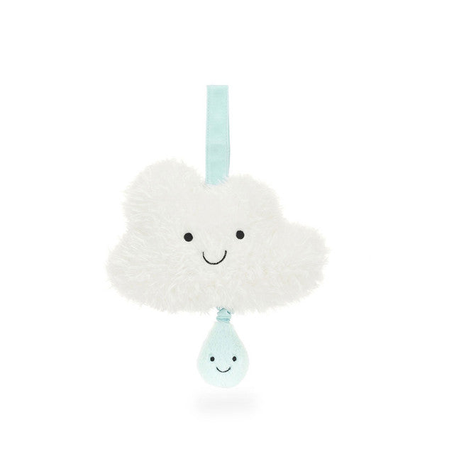 White fluffy cloud plush toy with a light blue loop and raindrop attachment.