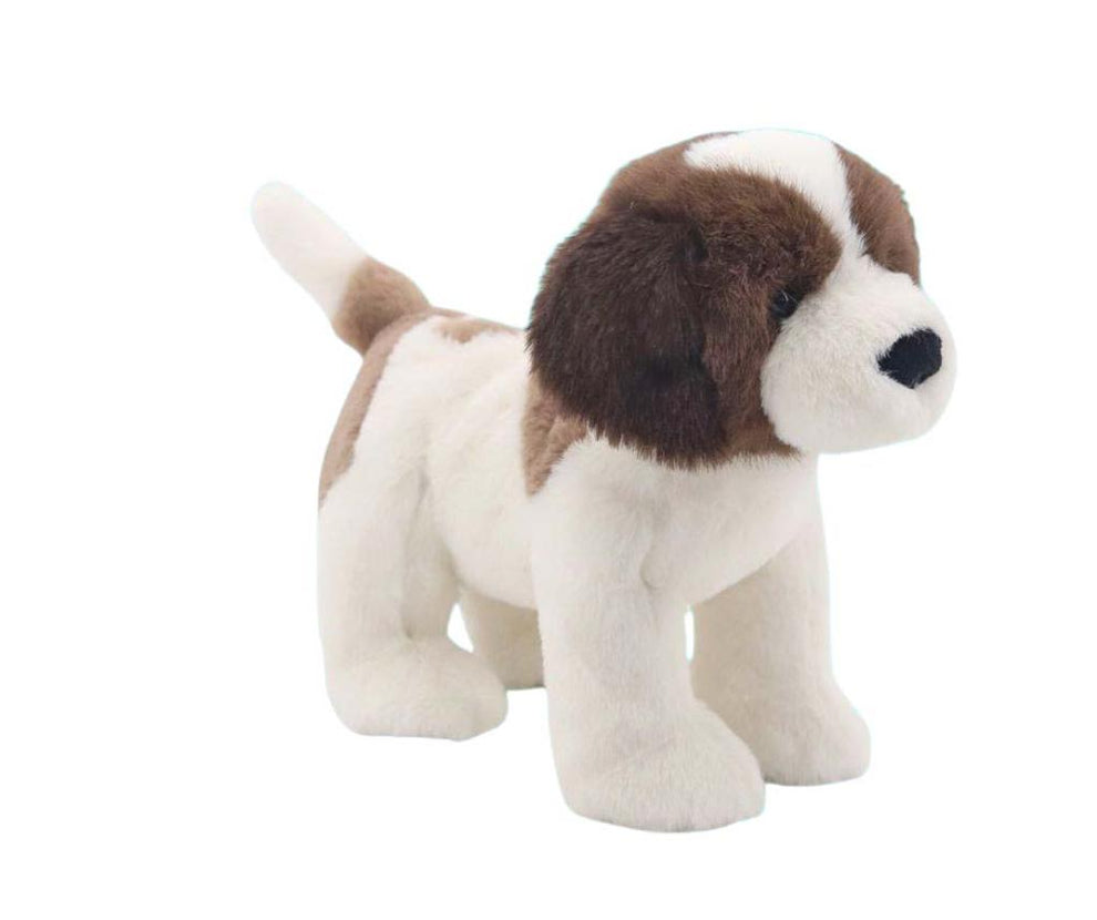 Plush toy dog with brown and white fur on a white background