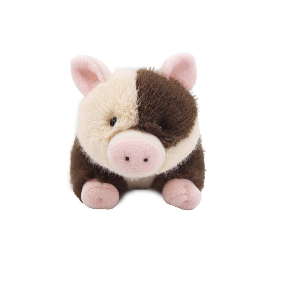 Plush toy resembling a pig with brown and beige fur on a white background