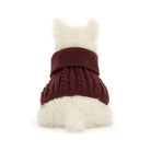 A small white dog viewed from behind wearing a burgundy cable-knit pet sweater, isolated on a white background.