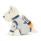 White plush Scottie dog in gray and blue space suit with rocket pack, by Jellycat, side view showing orange flame detail and embroidered patch