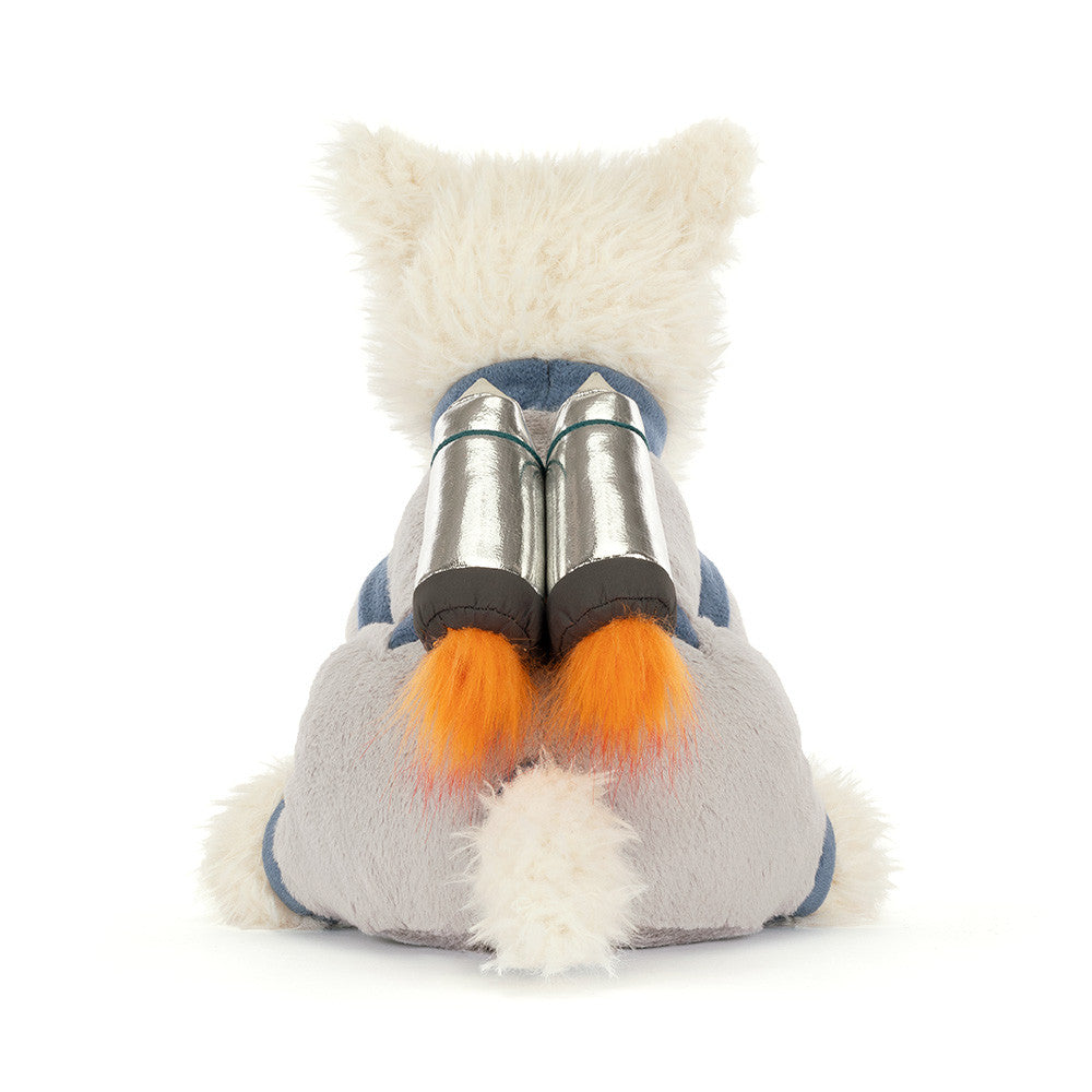 Soft gray and white plush Scottie dog toy by Jellycat, back view with silver rocket boosters and orange flame accents.