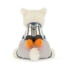 Soft gray and white plush Scottie dog toy by Jellycat, back view with silver rocket boosters and orange flame accents.