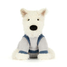 Soft white and gray plush Scottie dog toy wearing blue space suit straps, by Jellycat, front view with black nose and fluffy texture