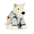 White plush Scottie dog in gray and blue space suit with silver rocket pack, by Jellycat, sitting front view