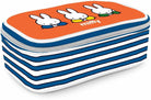 A zippered pencil case featuring a bright orange top panel with three cartoon rabbits and the name 'miffy' in white, paired with blue and white horizontal stripes on the sides.