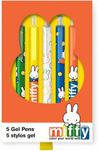 A 5-pack of Miffy branded gel pens in a bright orange retail box with a die-cut window showing the colorful pens. The pens are green, yellow, white, blue, and orange, all decorated with Miffy bunny illustrations and stars.