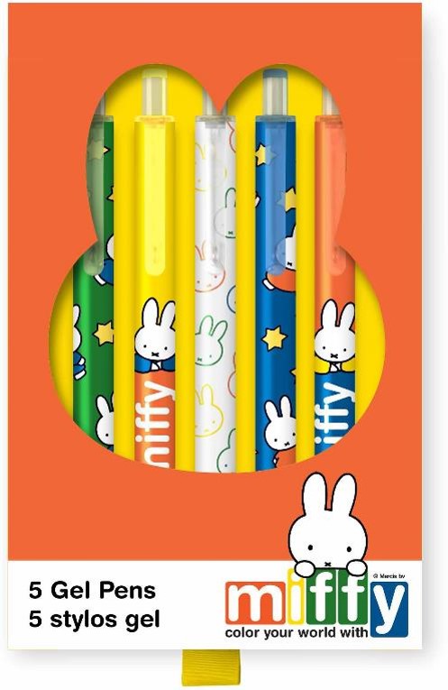 A 5-pack of Miffy branded gel pens in a bright orange retail box with a die-cut window showing the colorful pens. The pens are green, yellow, white, blue, and orange, all decorated with Miffy bunny illustrations and stars.