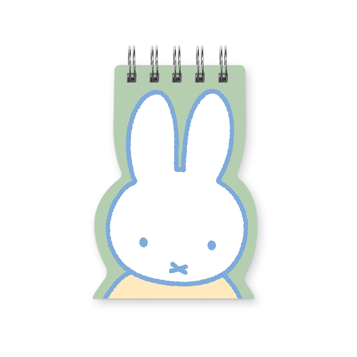 A Miffy-inspired spiral-bound notepad with a white bunny face outlined in light blue, a pale green background, and a small pale yellow area at the bottom, shown on a plain white background.