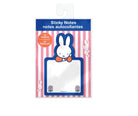 Miffy branded sticky notes in retail packaging, featuring a white bunny with a blue outline and orange bow tie on a pink-and-white striped card with a blue header.
