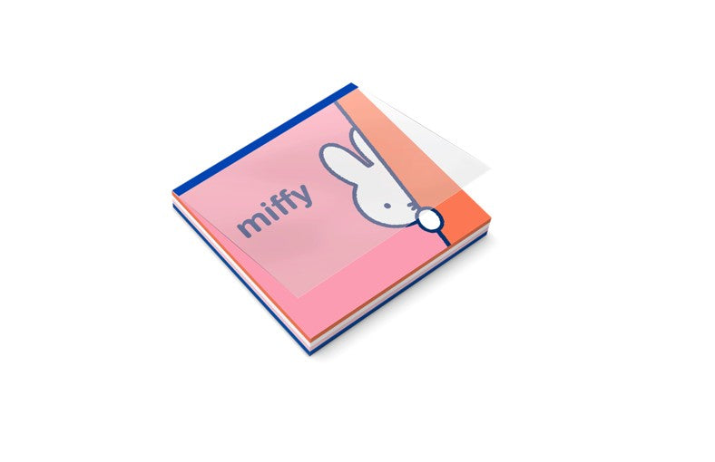 A Miffy branded sticky note pad with a pink cover, blue and orange accents, and a white rabbit illustration, shown on a clean white background.