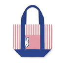 Tote bag with blue handle and pink and white striped pattern on a white background