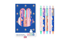 Set of colorful gel pens with a blue packaging featuring a cartoon character on a white background