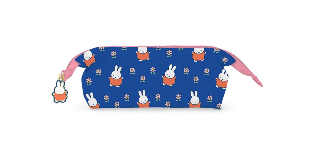 Blue pencil case with cartoon character pattern on a white background
