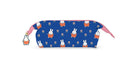 Blue pencil case with cartoon character pattern on a white background