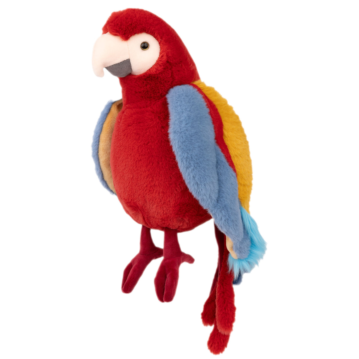 Colorful plush parrot toy on a white background