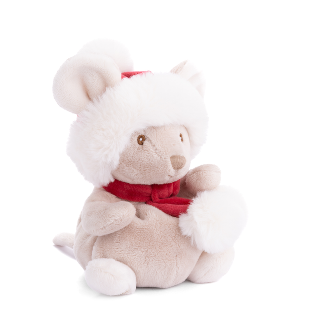 A plush toy mouse dressed in a fluffy white winter hat and red scarf, sitting against a solid white background.