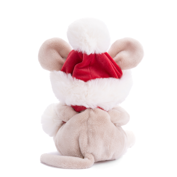 A plush mouse toy shown from the back, wearing a red Santa hat with white faux-fur trim and a white pom-pom, on a plain white background.