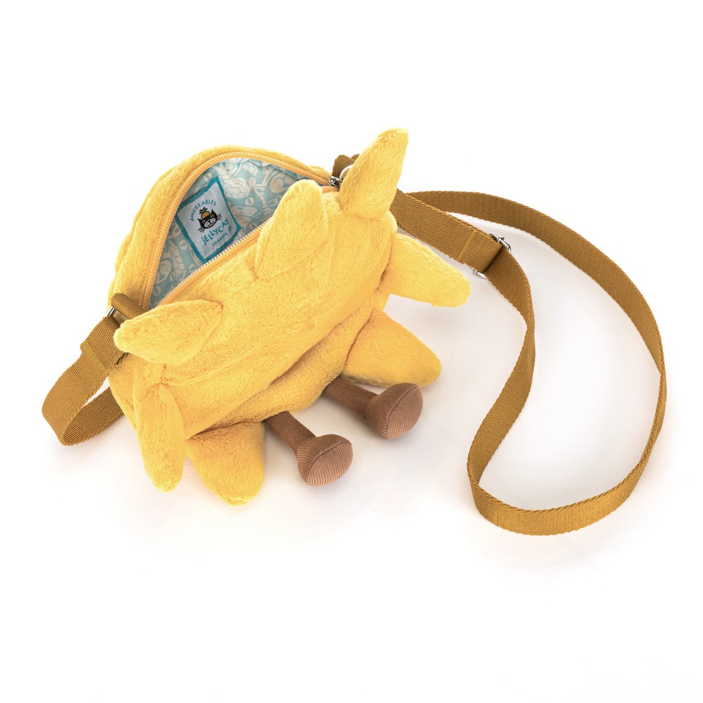Yellow sun bag with yellow golden adjustable strap top view with Jellycat logo on the inside fabric
