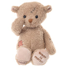 Plush teddy bear with embroidered message on a white background